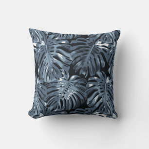 Tropical Dark Muted Blue Palm Leaves Cushion