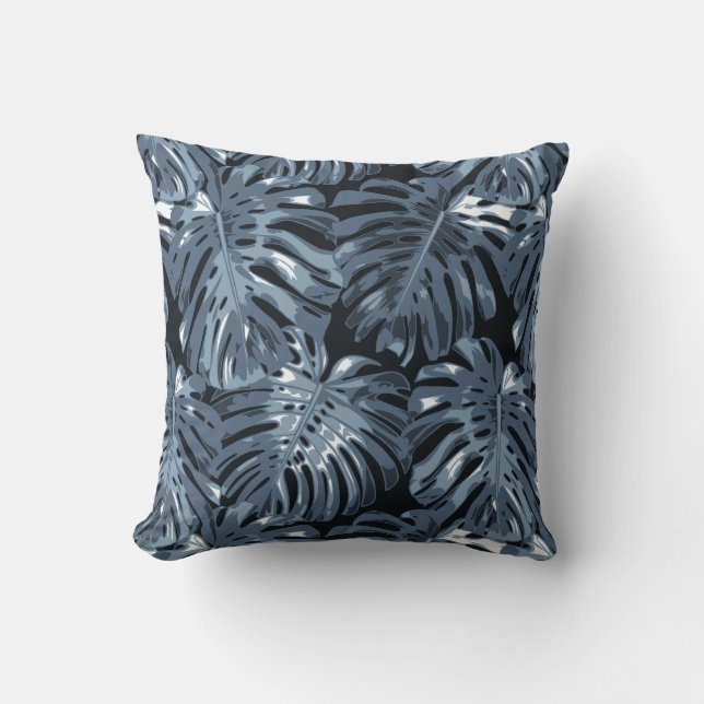 Tropical Dark Muted Blue Palm Leaves Cushion (Front)