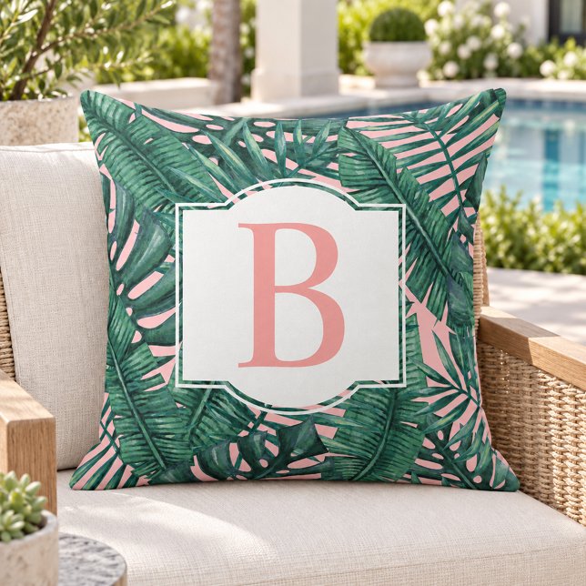 Tropical Dark Palm Leaf Blush Monogram Initial Cushion (Creator Uploaded)