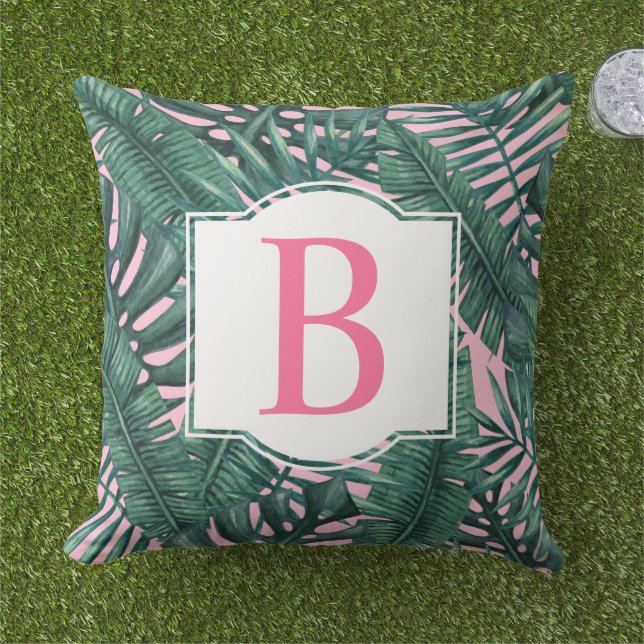 Tropical Dark Palm Leaf Pink Monogram Initial Cushion (Grass)