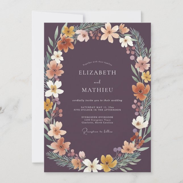 Tropical Deep Plum Wildflower Wedding Invitation (Front)