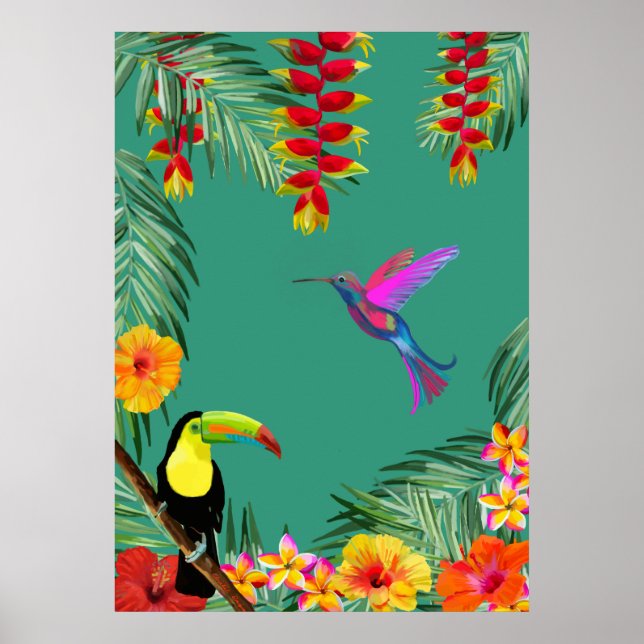 Tropical Delight hummingbird toucan flowers  Poster (Front)