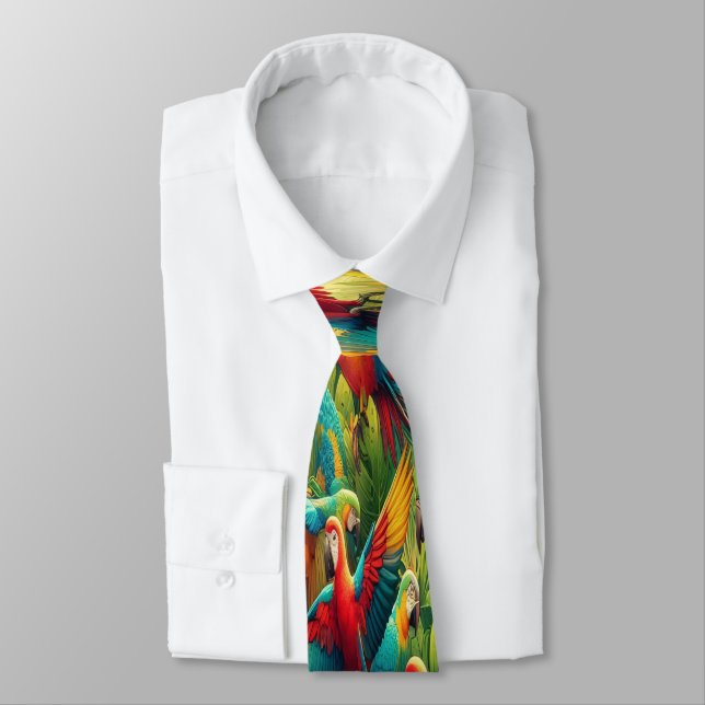 Tropical Delight with Tiny Colourful Parrots Tie (Tied)
