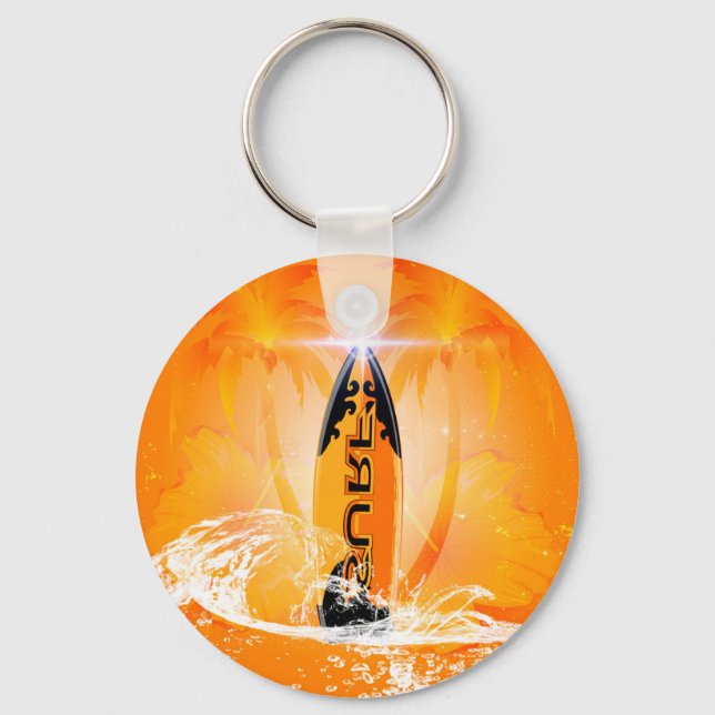Tropical design, surfboard with palm key ring (Front)