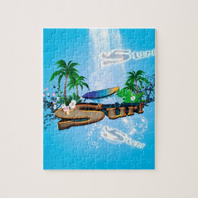 Tropical design with surfboard, palm and flowers jigsaw puzzle (Vertical)