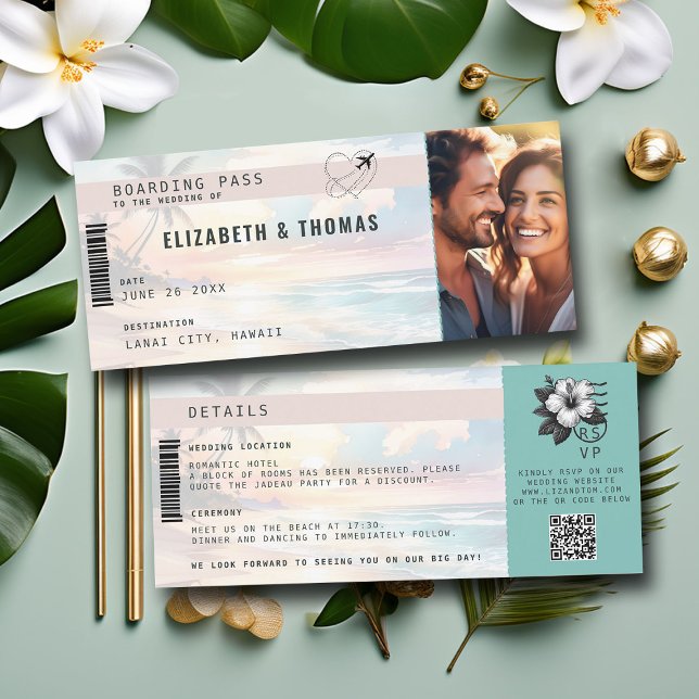 Tropical Destination Aeroplane Ticket Beach Weddin Invitation (destination wedding tropical beach sunset boarding pass invitation photo template elegant modern)