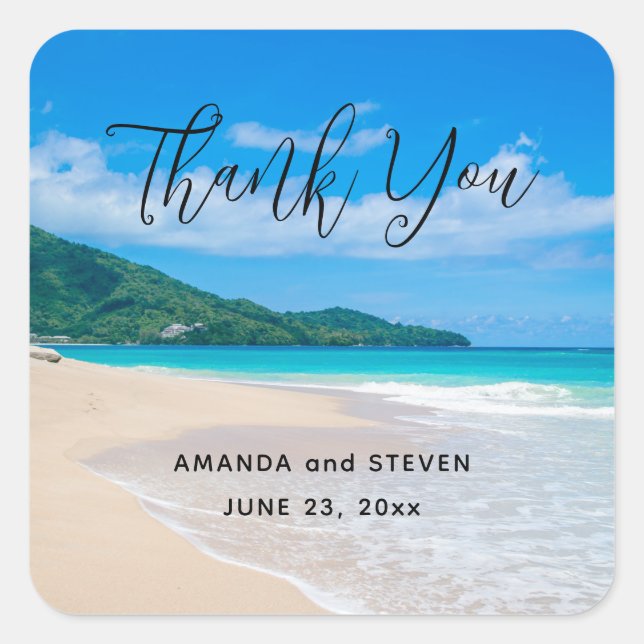 Tropical Destination Beach Photo Wedding Thank You Square Sticker (Front)