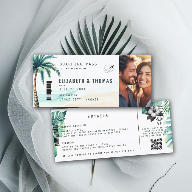 Tropical Destination Boarding Pass Beach Wedding Invitation (destination wedding invitation tropical hawaii boarding pass botanical palm tree watercolor)