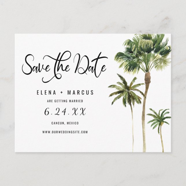 Tropical Destination Palm Trees Save The Date Announcement Postcard (Front)