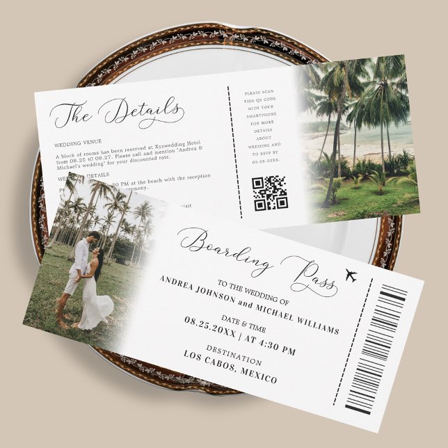 Tropical Destination QR Code Boarding Pass Wedding Invitation (Creator Uploaded)