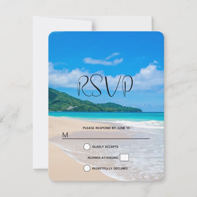 Tropical Destination Scenic Beach Photo Wedding RSVP Card (Front)