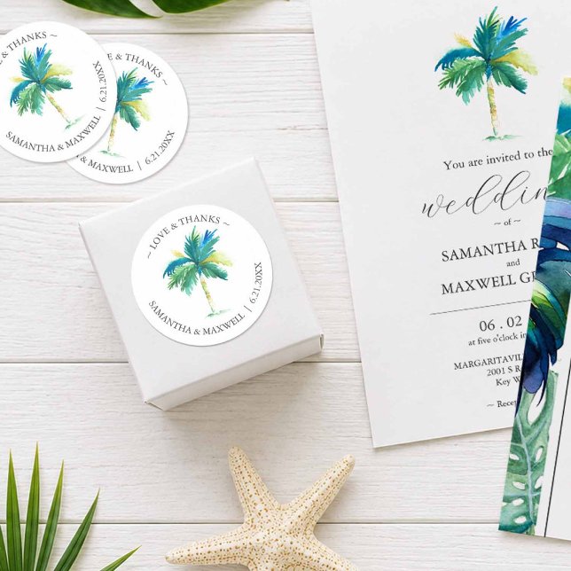 Tropical Destination Wedding Favour Stickers (Wedding favor stickers for tropical destination weddings with palm tree art)