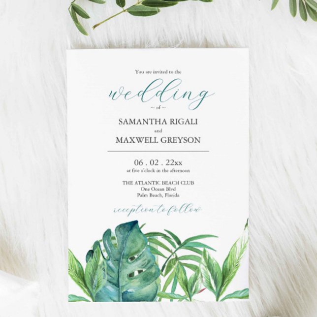 Tropical Destination Wedding Invitations Palm (Wedding invitation destination weddings watercolor tropical palm leave art by Victoria Grigaliunas)