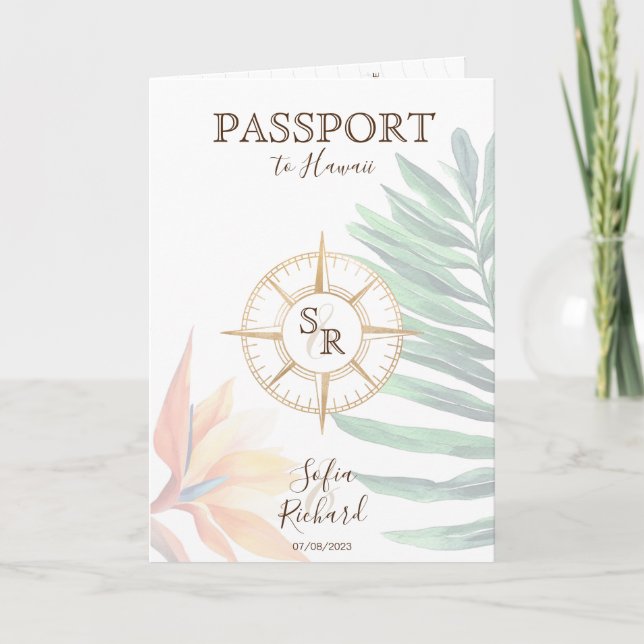Tropical  Destination Wedding Passport QR Code Invitation (Front)