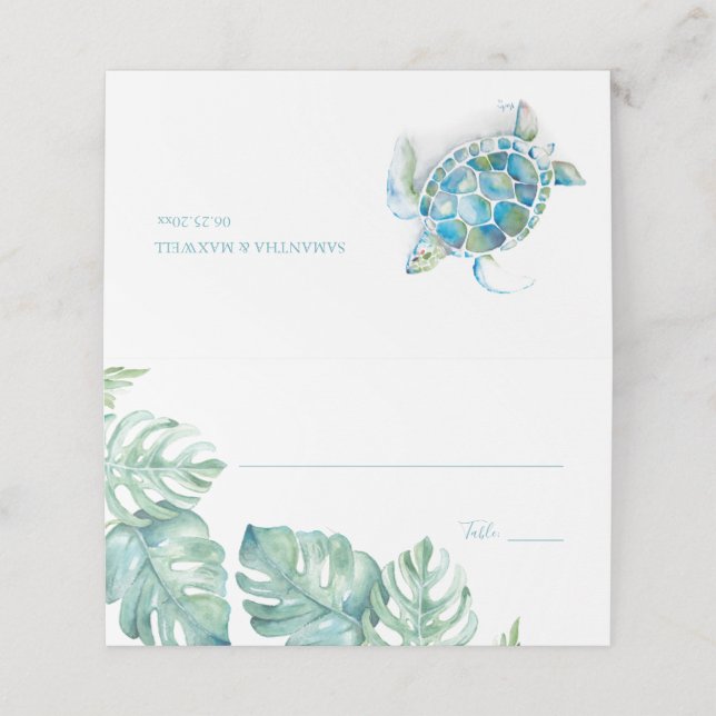 Tropical Destination Wedding Place Card Sea Turtle (Outside Unfolded)