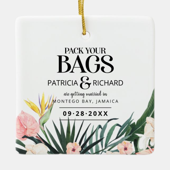 Tropical Destination Wedding Save The Date Ceramic Ornament (Front)