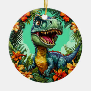🦖 Tropical Dinosaur Floral Ceramic Holiday Ornament