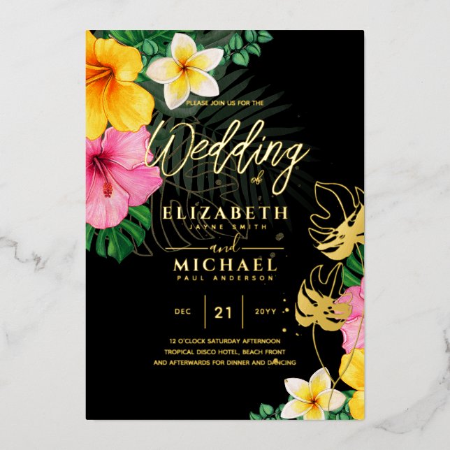 Tropical Disco Wedding Invitation Gold Black  (Front)