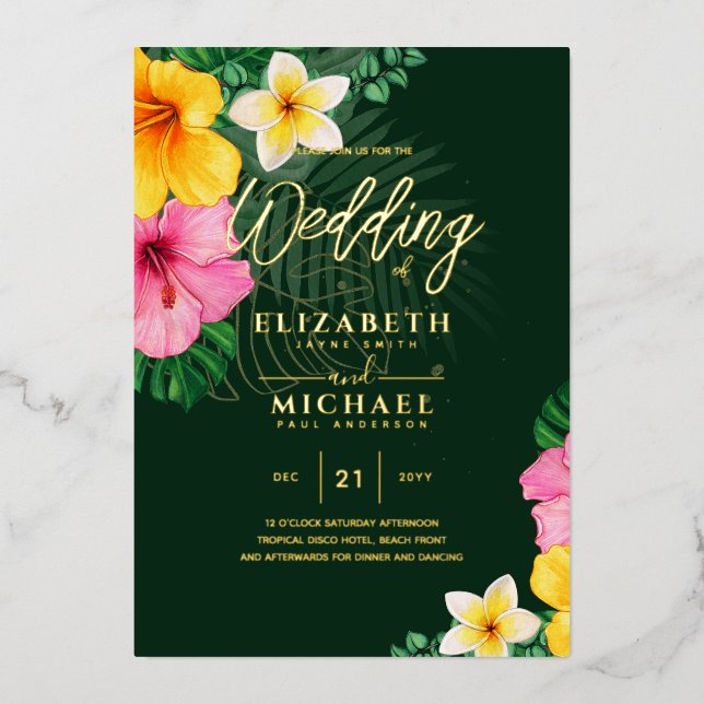Tropical Disco Wedding Invitation Gold Green (Front)