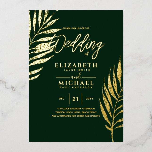 Tropical Disco Wedding Invitation Gold GREEN (Front)
