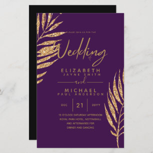 Tropical Disco Wedding Invitation Gold Leaves