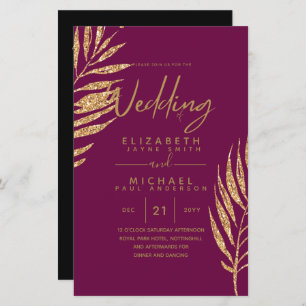 Tropical Disco Wedding Invitation Gold Leaves