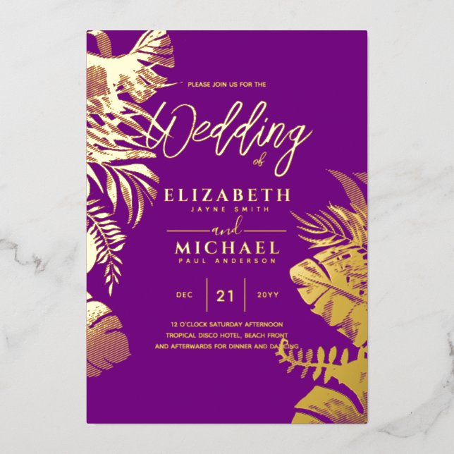 Tropical Disco Wedding Invitation Gold Magenta Foi (Front)