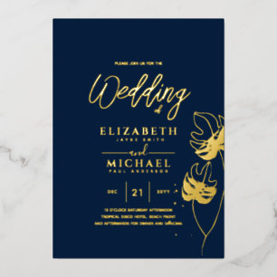Tropical Disco Wedding Invitation Gold NAVY Blue F
