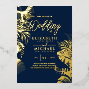 Tropical Disco Wedding Invitation Gold NAVY Blue F