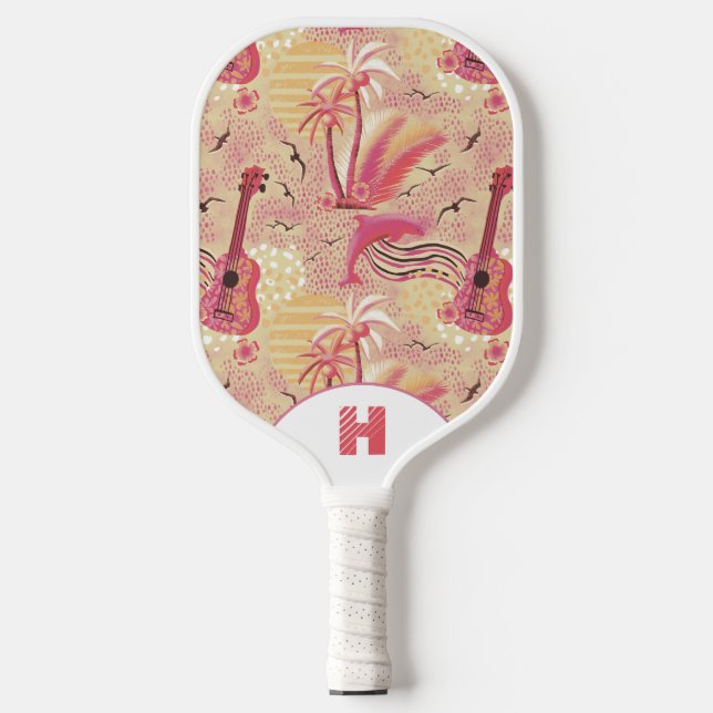 Tropical Dolphin and Guitar  in Sunset colors Pickleball Paddle (Front)