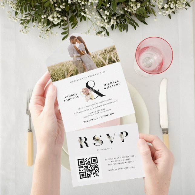 Tropical Dried Ampersand Photo QR Code Wedding All In One Invitation (Creator Uploaded)