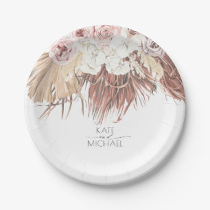 Tropical Dried Palm Leaf and White Orchid Wedding Paper Plate