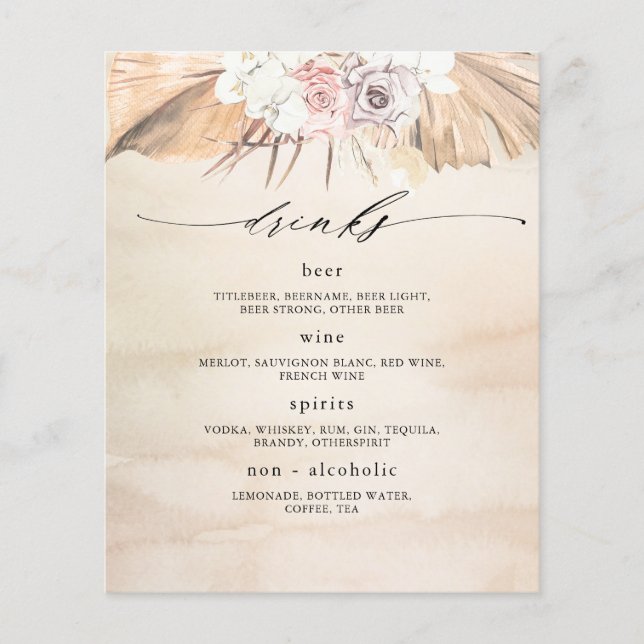 Tropical Dried Palm Leaves Drinks Menu (Front)
