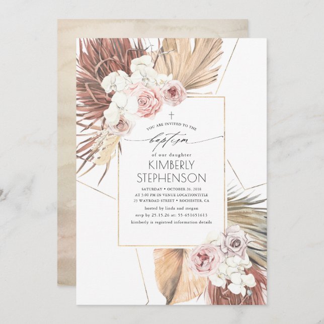 Tropical Dried Palm Leaves Foliage Baptism Invitation (Front/Back)