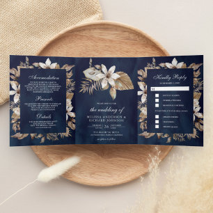  Tropical Dried Palm Leaves Navy Blue Wedding Tri-Fold Invitation