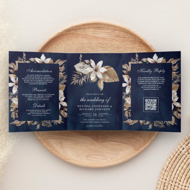  Tropical Dried Palm Leaves Navy QR Code Wedding Tri-Fold Invitation (Creator Uploaded)