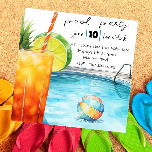 Tropical Drink and Pool Party  Invitation (Tropical drink vibes pool party invitation with beach ball and poolside scene- customizable. )