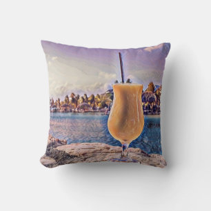 Tropical drink on coast near a beach watercolor  cushion