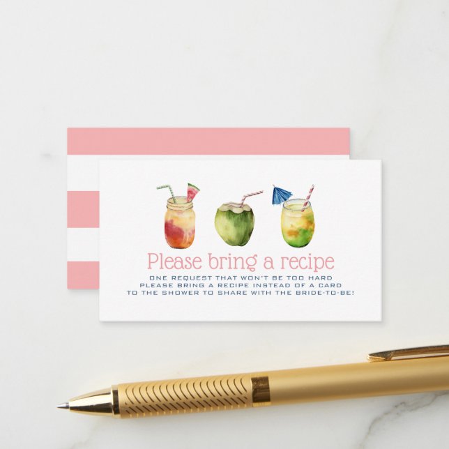 Tropical Drinks Bridal Shower Pink Recipe Request Enclosure Card (Front/Back In Situ)