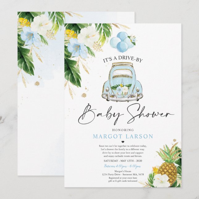 Tropical Drive By Baby Shower Pineapple Drive Thru Invitation (Front/Back)