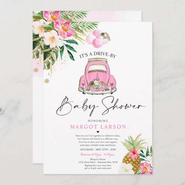 Tropical Drive By Baby Shower Pineapple Drive Thru Invitation (Front/Back)