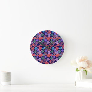 Tropical Dusk: Vibrant Red and Blue Wildflower Pat Round Clock