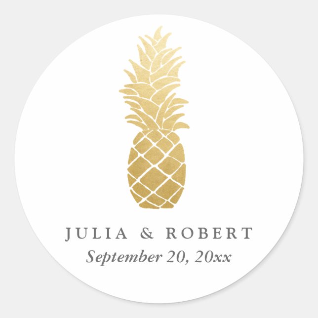 Tropical Elegance Faux Gold Foil Pineapple Wedding Classic Round Sticker (Front)