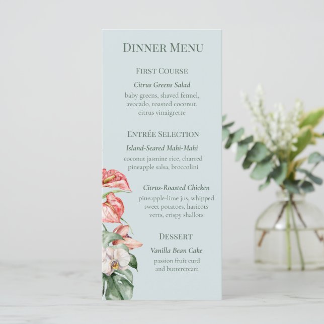 Tropical Elegance Floral Wedding Dinner Menu (Standing Front)