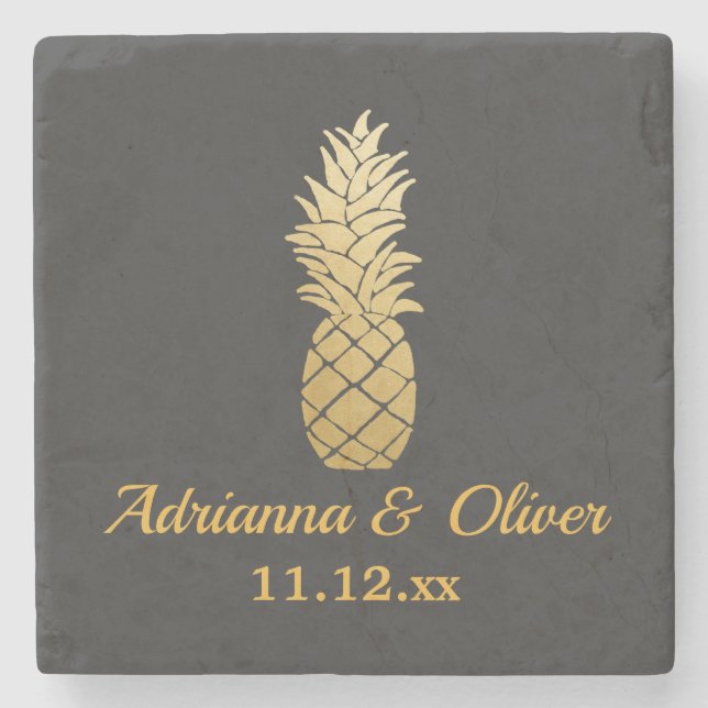 Tropical Elegance | Pineapple Wedding Stone Coaster (Front)