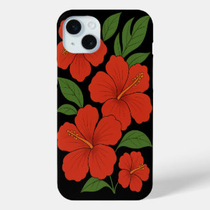 Tropical Elegance Red Hibiscus on Black iPhone 15 Mini Case