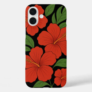 Tropical Elegance Red Hibiscus on Black iPhone 16 Plus Case