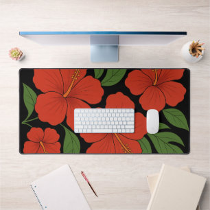 Tropical Elegance Red Hibiscus on Black Desk Mat