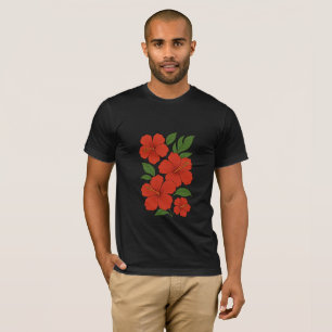 Tropical Elegance Red Hibiscus on Black T-Shirt