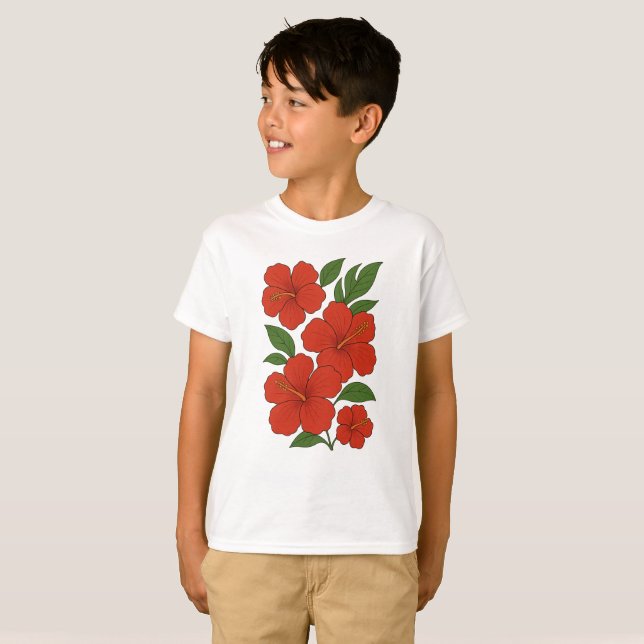 Tropical Elegance Red Hibiscus on Black T-Shirt (Front Full)